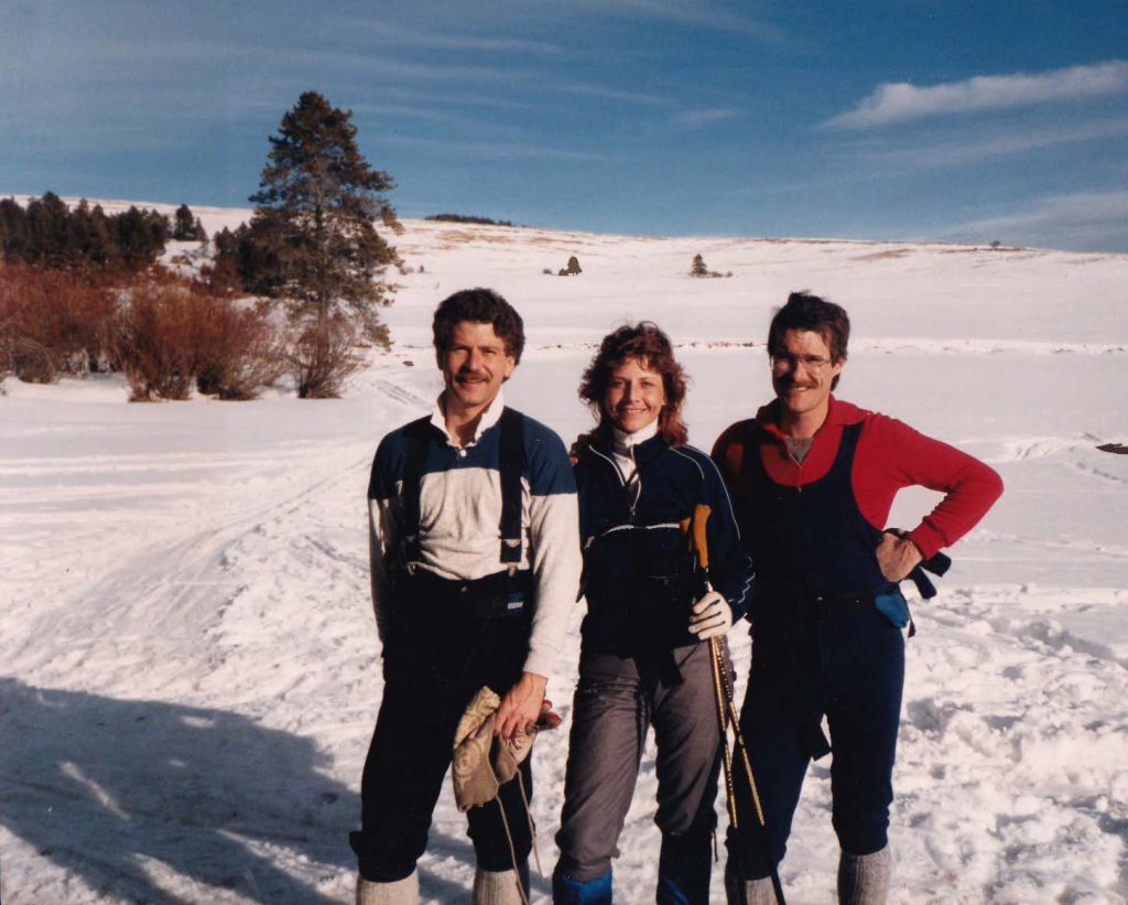 Jay Kohn, Deb Brown and Scott Brown at MacDonald Pass teaching cross-country ski lessons circa 1985.